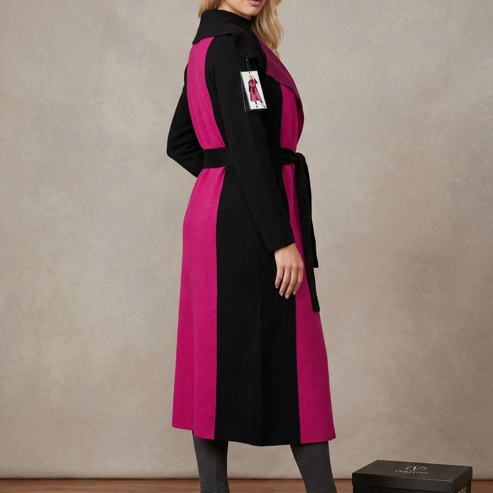 Vertigo Paris Magenta & Black Belted Long Coat Size L – Colorblock Elegant Coat - Picture 3 of 6
